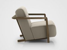 a white reclining chair with wooden frame and armrests, viewed from the front