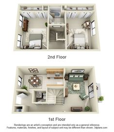 two bedroom apartment floor plans with one living room and the second bedroom in each unit