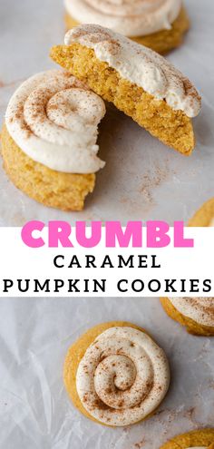 some cookies with icing and cinnamon on top are sitting next to each other in front of the words, crumbl caramel pumpkin cookies