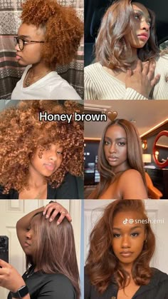 Brown 4c Hair Black Women, Summer Hair Colors Black Women, Honey Brown Natural Hair Black Women, Honey Brown On Black Women, Natural Hair Honey Brown, Pretty Hair Colors For Black Women, Different Color Brown Hair, Dark Skin Dyed Hair, Honey Brown Afro