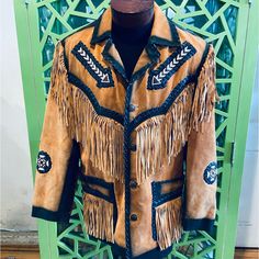 3b West By Tansmith Vintage Western Leather Jacket W/ Incredible Beading And Braided Leather!! A Magnificent Piece Of Fashion Art! Winter Festival Outerwear With Beaded Fringe, Vintage Hand-stitched Outerwear For Fall, Long Sleeve Beaded Fringe Festival Outerwear, Vintage Embellished Outerwear For Festivals, Winter Outerwear With Beaded Fringe And Long Sleeves, Hand-stitched Long Sleeve Outerwear For Fall, Fitted Outerwear With Beaded Fringe For Fall, Beaded Long Sleeve Outerwear For Fall, Fitted Beaded Fringe Outerwear For Fall