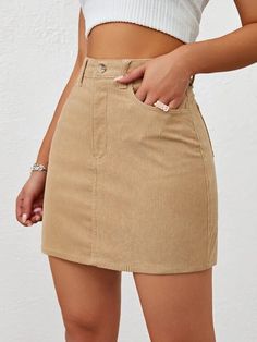 Product Details- A high-waisted skirt in a woven corduroy fabrication featuring a 5-pocket construction- Zip fly with 28L tortoiseshell button closure- Mini length- Unlined- Imported Fabric:SELF: 90% POLYESTER 10% NYLON CORDUROYLINING (POCKET): 80% POLYESTER 20% COTTON Measurement & Fit:- Full Length (CF): 15 3/8"(S) – 15 7/8"(M) – 16 3/8"(L)- Waist: 13 3/4"(S) – 14 3/4"(M) – 15 3/4"(L) Mini Skirts Outfits Summer, Skirt Outfit Summer, Corduroy Mini Skirt, Tan Skirt, Cute Skirt Outfits, Shein Outfits, Miniskirt Outfits, Women Skirts, Crop Top Outfits