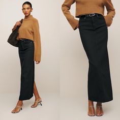 Nwt! Reformation Daria Ultra High Rise Denim Maxi Skirt Color Black Size 27 The Details This Is A Stretch Denim Fabric Made Of 68% Organic Cotton 30% Tencel/Lyocell 2% Ecolycra. Wash Cold + Line Dry. More On Fabric & Care. Product Size: 27, Waist: 28", Front Length: 40 1/2". Fall Straight Leg Denim Skirt, Chic Full-length Denim Skirt For Fall, Chic Full Length Denim Skirt For Fall, Trendy Full Length Denim Skirt For Fall, Fitted Full-length Denim Skirt For Fall, Fitted Denim Skirt For Fall, Fall Full Length Fitted Denim Skirt, High Rise Skirt For Workwear, Fall Season, High Rise Skirt For Fall Workwear