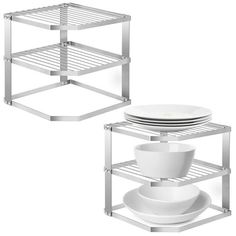 two metal shelves with plates and bowls on them