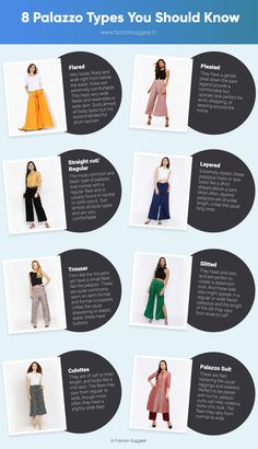 Palazzo Patterns For Women, Types Of Pants For Kurti, Casual Palazzo Outfit, Types Of Palazzo Pants, Types Of Plazo With Name, Palazzo Styling Ideas, Pallazo Pants Designs, Different Types Of Plazo, Indian Palazzo Pants Outfit