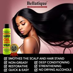 Get ready to shine with Bellatique's Professional Super Oil Sheen Spray. This miracle mist is your secret weapon for hair that gleams like it's always in the spotlight. Why it's a must-have: Instant glow-up: Adds luminous shine in seconds Lightweight formula: Nourishes without the heavy feel Versatile use: Perfect for natural and styled hair Three size options: 3.38 fl oz for on-the-go, 6.76 fl oz for daily use, 14.88 fl oz for the shine addicts Whether you're a pro stylist or just a pro at slay Blog Categories, Deep Conditioning, Rewards Program, Good Customer Service, Dry Hair, For Hair, Hair Hair, Spray, Conditioner