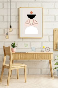 a white brick wall with a wooden desk and chair in front of it next to a plant