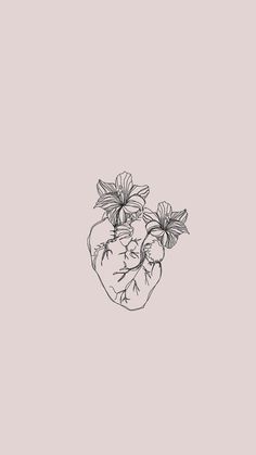 a black and white drawing of two flowers in a heart shaped vase on a pink background