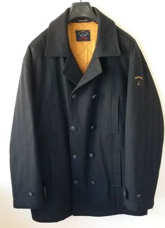 Condition good Except liling side cuff has scratches & dirt check last photos  Size 2XL Navy Wool Pea Coat For Business, Navy Double-breasted Wool Pea Coat, Navy Wool Long Pea Coat, Navy Wool Pea Coat With Pockets, Navy Wool Pea Coat With Long Sleeves, Shark Man, Paul Shark, Men Vintage, Pea Coat