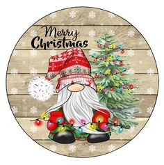 a round wooden sign with a santa clause and christmas tree in the center, on a white background