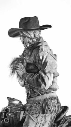 a black and white drawing of a person wearing a cowboy hat sitting on a pile of hats