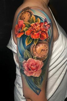 a woman with a clock and flowers on her arm