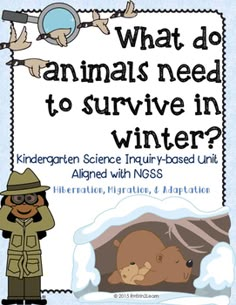 what do animals need to survive in winter? with an image of a bear and a man