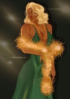 a woman in a green dress holding a gold chain and feathered arm around her neck