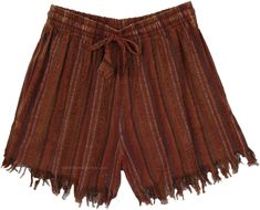 A fun pair of handmade cotton shorts with frilled hem, razor cut pattern on the back; these striped brown, red, etc.  shorts are a great way to wear the bohemian inside you. #tlb #bohemianfashion #Handmade #HippieShorts #BeachShorts Cotton Red Shorts For Festival, Red Cotton Shorts For Festivals, Red Cotton Festival Shorts, Brown Bohemian Shorts For Summer, Bohemian Brown Shorts For Summer, Bohemian Red Shorts, Brown Bohemian Shorts, Red Bohemian Cotton Shorts, Bohemian Brown Cotton Shorts