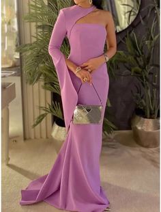 Sheath / Column Evening Gown Elegant Dress Formal Sweep / Brush Train Long Sleeve Halter Neck Stretch Fabric with Pleats 2024 Spring Purple Maxi Dress For Banquet, Purple Long Sleeve Banquet Gown, Purple Maxi Length Gown For Banquet, Long Sleeve Purple Gown For Banquet, Long Sleeve Purple Banquet Gown, Purple Fitted One-shoulder Gown, Purple Long Sleeve Maxi Dress For Banquet, Fitted One-shoulder Purple Gown, Purple One-shoulder Dress For Banquet