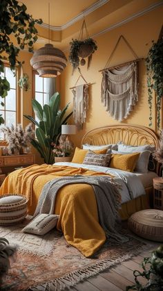 a bedroom decorated in yellow and grey with plants on the wall, bedding and rugs