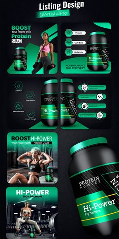 an advertisement for a bodybuilding product is shown in green and black, with images of the