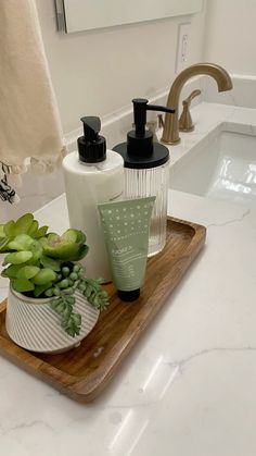 a wooden tray with soap, lotion bottles and succulents on it