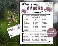 a spider is sitting on the web with its name in front of it and an image of