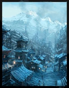 a painting of a city with mountains in the background and snow on the roof tops