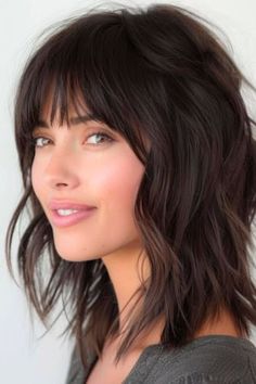 Straight Shag Haircut Mid Length, Mid Length Shag No Bangs, Chocolate Brown Shag Hair, Piecey Bangs, 2024 Shag Hairstyles, Hair Shag, Shaggy Cut, Bob Hairs