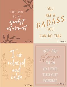 four different types of greeting cards with the words you are my greatest achievement and i am relaxed