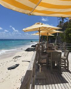 tables and umbrellas are set up on the beach