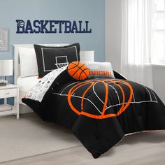 a basketball themed bed in a bedroom