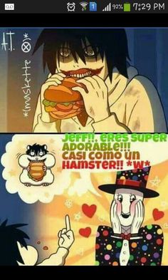 an anime character eating a hamburger next to another cartoon character