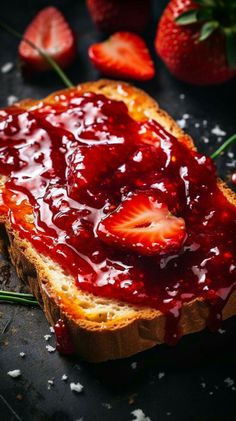 a piece of bread with strawberry jam on it