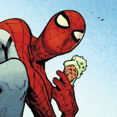 a spider - man eating some food while wearing a red and white suit