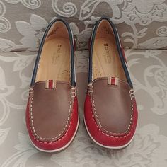 Red, Blue, And Tan Leather Loafers From N5 Comfort Naturalizer. Style Is Hanover. White Stitching And Trim Along Sides Of Each Shoe. Tan And White Fabric Lining. Sueded Style Comfort Footbed. Rubber Sole. Size 6.5 M. A Few Scuff Marks On Each Shoe. However, These Are Brand New In The Box And Have Not Been Worn Except To Try On. Will Be Shipped In The Original Box, Which Is Somewhat Distressed (Please See Last Photo). Please Ask Questions. Reasonable Offers Are Welcome. Casual Red Loafers With Round Toe, Red Closed Toe Casual Loafers, Red Casual Moccasins With Branded Insole, Casual Red Moccasins With Branded Insole, Casual Red Slip-on Moccasins, Red Leather Casual Flats, Casual Red Leather Flats, Red Loafers, Naturalizer Shoes