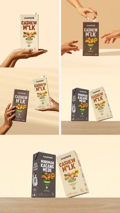 four different views of the same person holding up a box of cashew klf