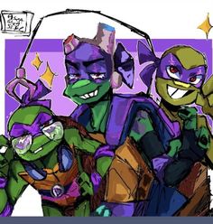 the teenage mutant ninjas are all dressed up in purple and green outfits, with one holding