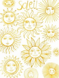 the sun and moon are drawn in yellow ink on white paper, with words written below them