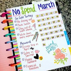 a planner with stickers on it and the words no spend march