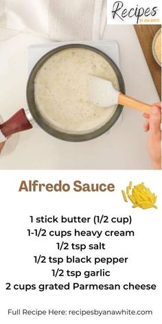 the recipe for alfredo sauce is shown in this advertise with instructions to make it