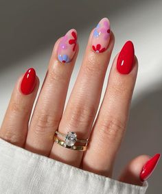 Vibrant Nails, Oval Nails, Spring Nail, Floral Nails, Artificial Nails, False Nails, Red Nails, Simple Nails, Fake Nails