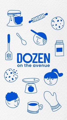 an advertisement for dozenn on the avenue with various items in blue and white colors