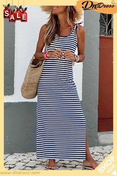 Striped Backless Casual Side Slits Maxi Dress Striped Maxi, Striped Maxi Dresses, Maxi Dress Blue, Sleeveless Maxi Dress, Classic Blue, Stripe Print, Stylish Dresses, Look Fashion, Blue Fashion