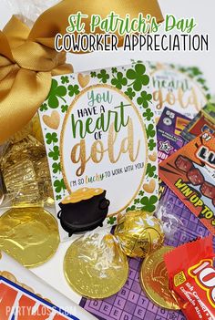 st patrick's day coworker appreciation card with gold coins and irish candy