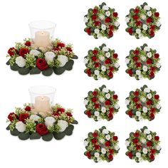 a set of six christmas wreaths with candles and flowers on them for centerpieces