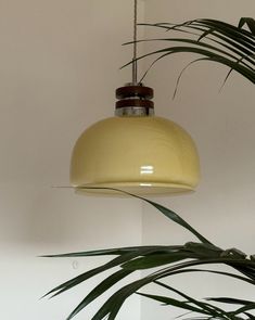 a yellow light hanging from a ceiling next to a plant