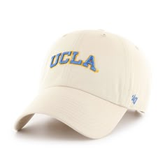 UCLA BRUINS '47 CLEAN UP Strep Throat, Ucla Bruins, Stylish Caps, Raised Embroidery, Fabric Strap, Color Logo, White Hat, Cute Hats, Respiratory