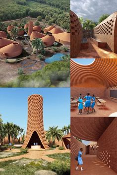 four different views of people standing in front of a building made out of bricks and mud