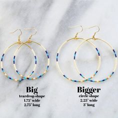 You asked for bigger beaded hoops and Libby & Smee answered! These dangly hoop earrings are the pieces you'll grab every day when you want a little something fun without a lot of fuss. Bonus: They look great dressed up or super casual. + style name: PORCELAIN (Because the design reminds me of fine china!)+ beaded hoops with tiny glass navy, turquoise, cream and gold Delica beads+ available in two large sizes: BIG, a teardrop shape approximately 1.75" wide and 2.75" long, or BIGGER, a circle Hoop Earrings Big, Diy Leather Earrings, Beaded Earrings Diy, Plastic Earrings, Earrings Big, Earring Cards, Delica Beads, Beaded Hoop Earrings, Bohemian Earrings