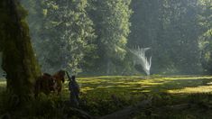 a man standing in the middle of a forest next to a giant white dragon flying above him