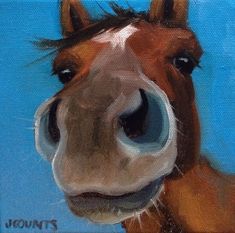 a painting of a brown horse's face with the nose looking straight ahead on a blue background