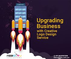 an image of a rocket launching into the sky with text reading upgrade business with creative logo design service